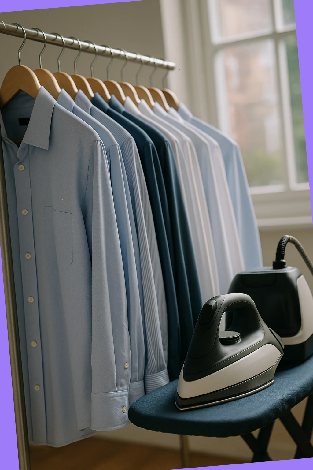 freshly pressed shirts on a rail beside a steam iron workstation in Liverpool